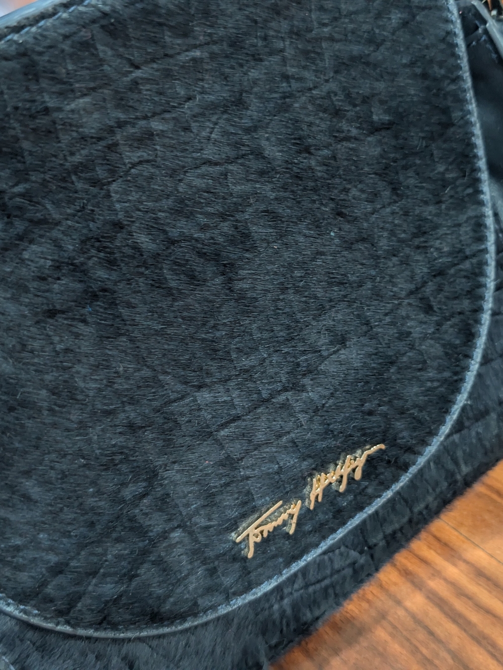 Tommy Hilfiger Black Faux Fur Saddle Bag with Gold Logo